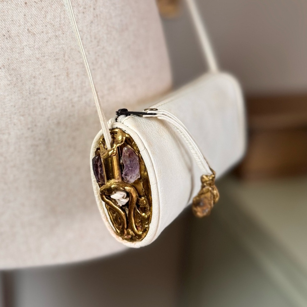Vintage Leather Crossbody Bag with Amethyst & Gold Metal Details